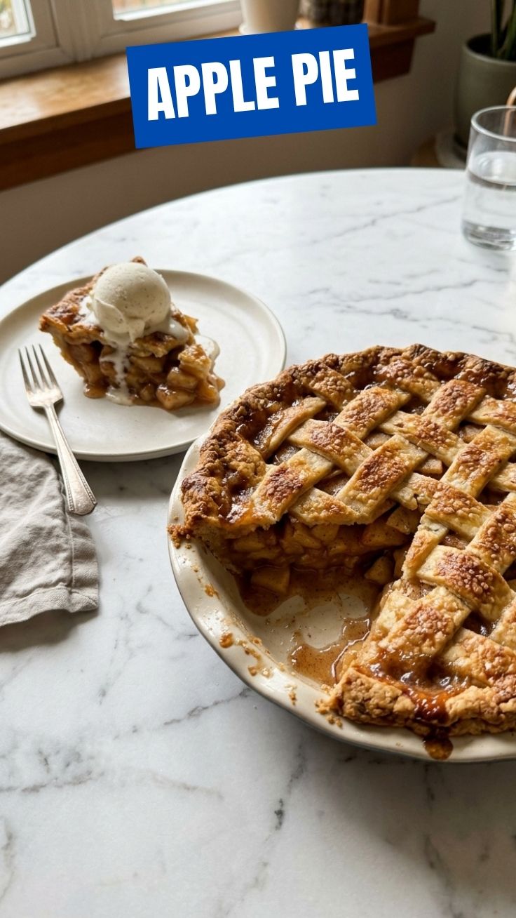 A freshly baked homemade apple pie with a golden crust