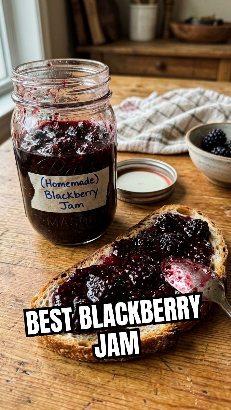 A jar of homemade blackberry jam with fresh blackberries on a wooden surface.