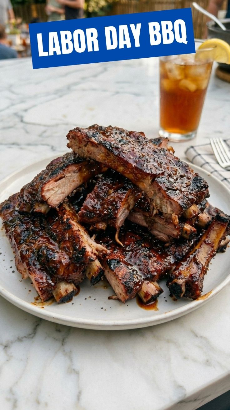 Delicious Labor Day BBQ ribs, perfectly grilled with a smoky crust