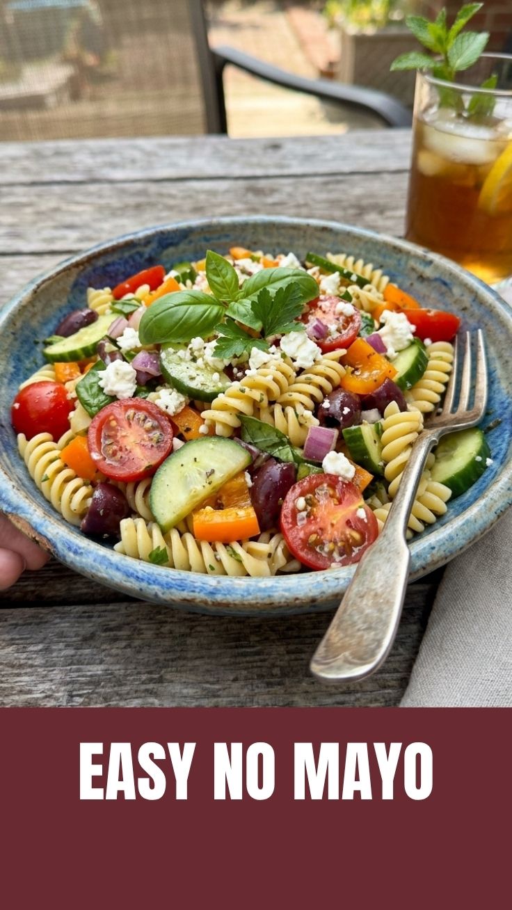 A vibrant low calorie summer pasta salad without mayo in a large bowl