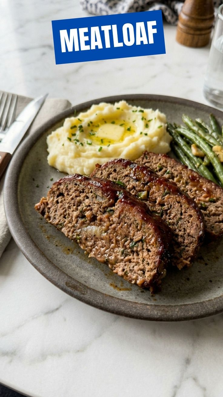 A freshly baked meatloaf, perfectly browned and glazed