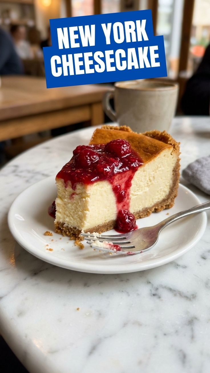 A creamy, traditional New York Cheesecake on a white plate.