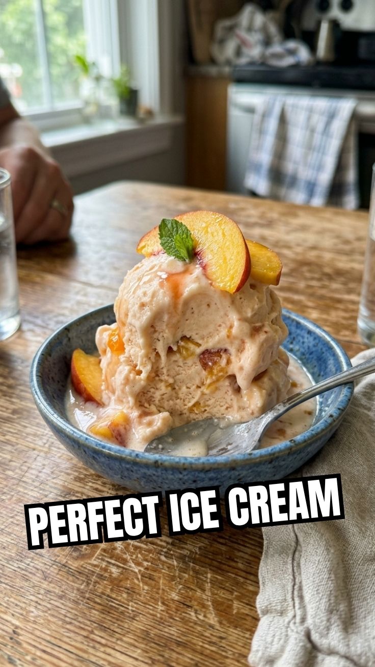 A scoop of delicious peach ice cream in a white bowl