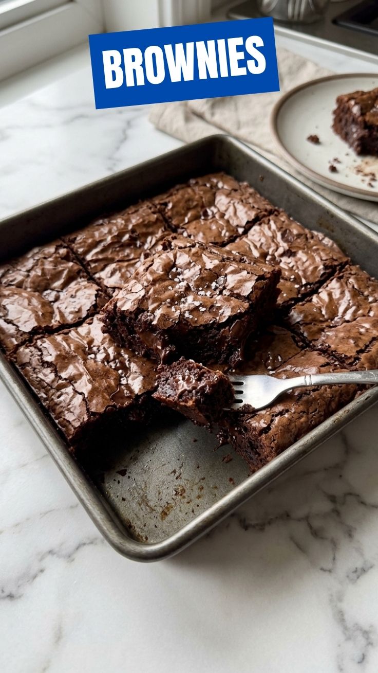 A close-up shot of rich, fudgy brownies with a crinkly top