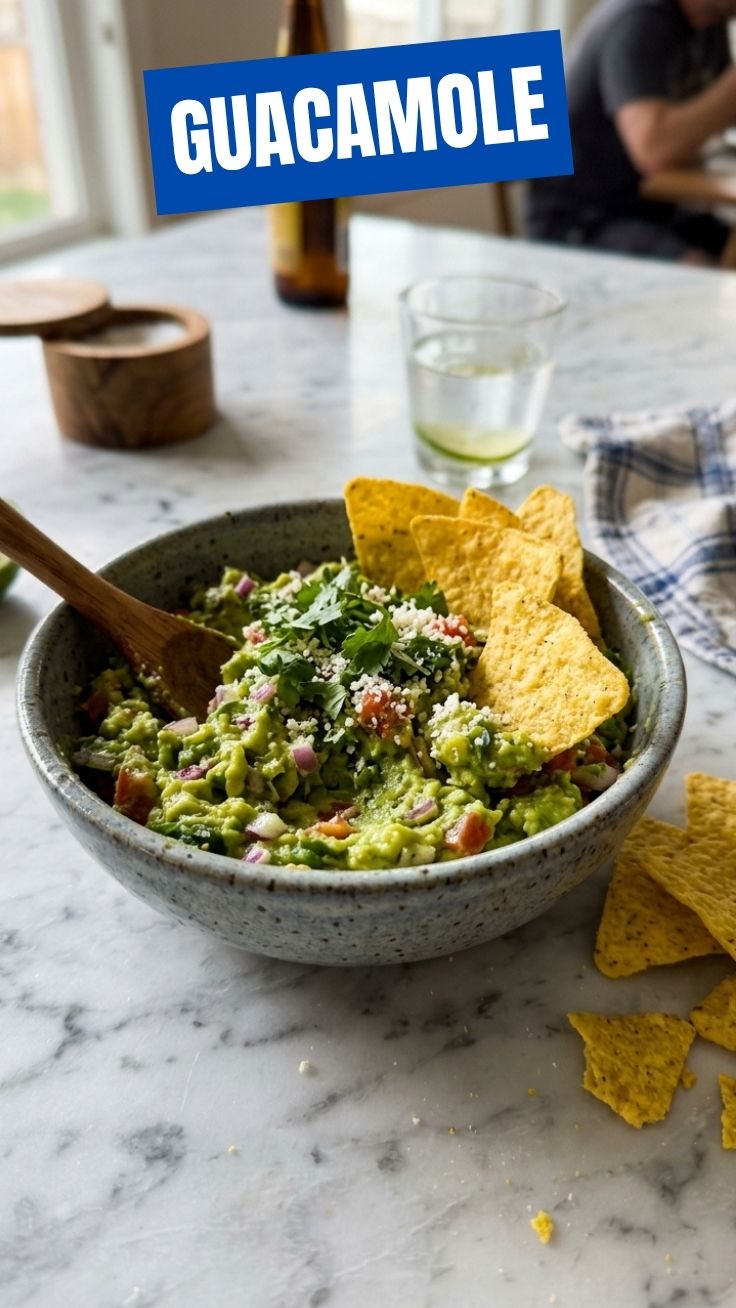 A vibrant bowl of fresh guacamole with chunky avocado and spices.