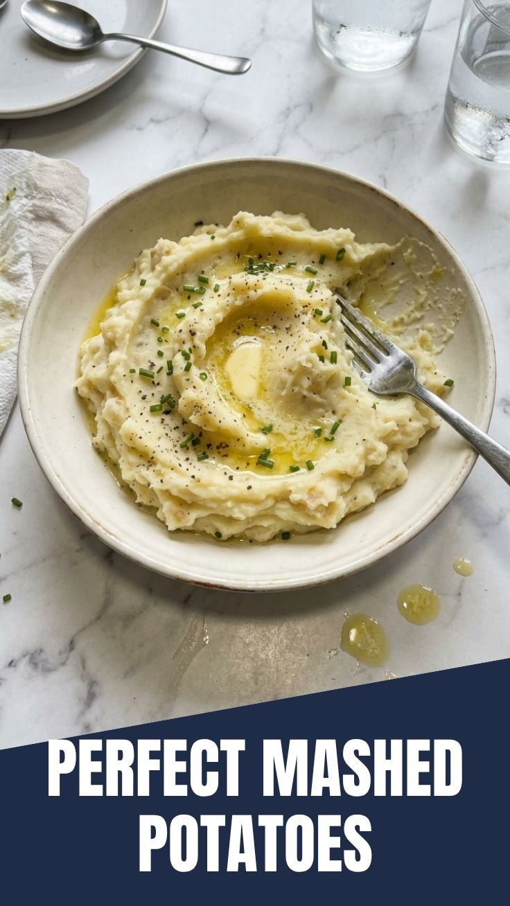 A bowl of perfectly smooth mashed potatoes, ready to serve