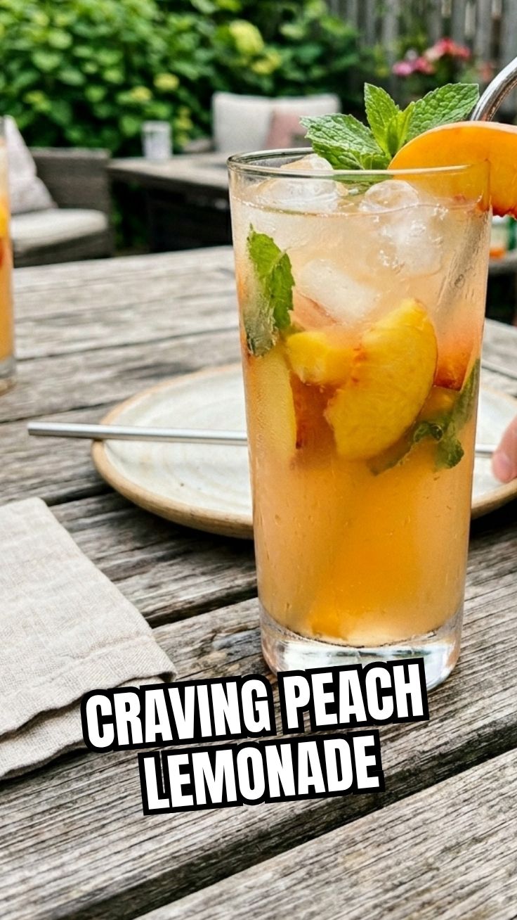 A glass of refreshing peach lemonade with ice and peach slices