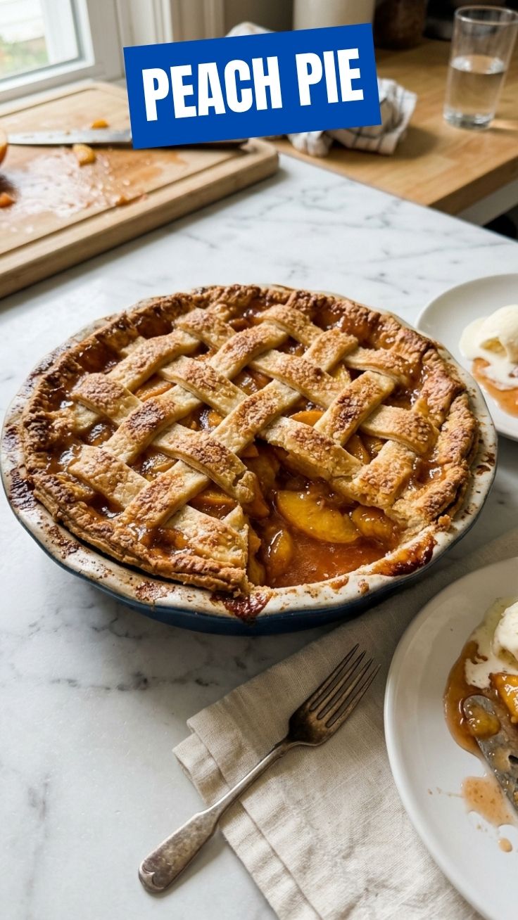 A freshly baked peach pie with a golden, flaky crust on a cooling rack.