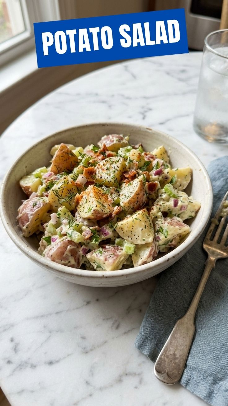 Creamy potato salad with celery and eggs in a bowl