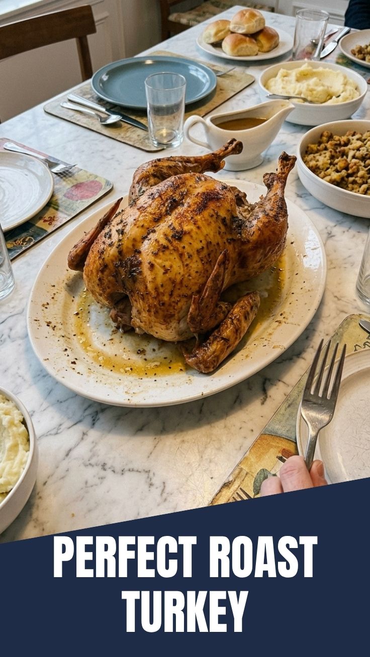 Golden roast turkey on platter with herbs