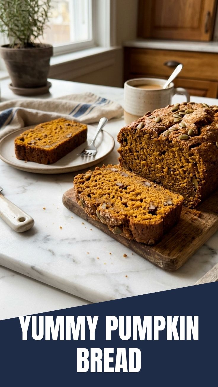 A freshly baked loaf of pumpkin bread on a wooden surface.