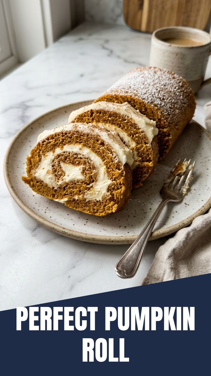 A freshly baked pumpkin roll with cream cheese frosting, dusted with powdered sugar