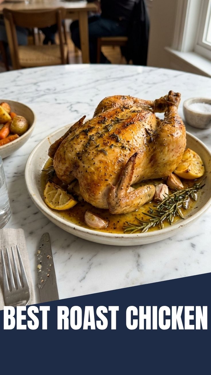 A perfectly cooked roast chicken, golden brown and crispy.
