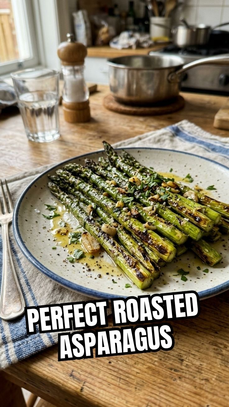 Freshly roasted asparagus spears on a serving dish