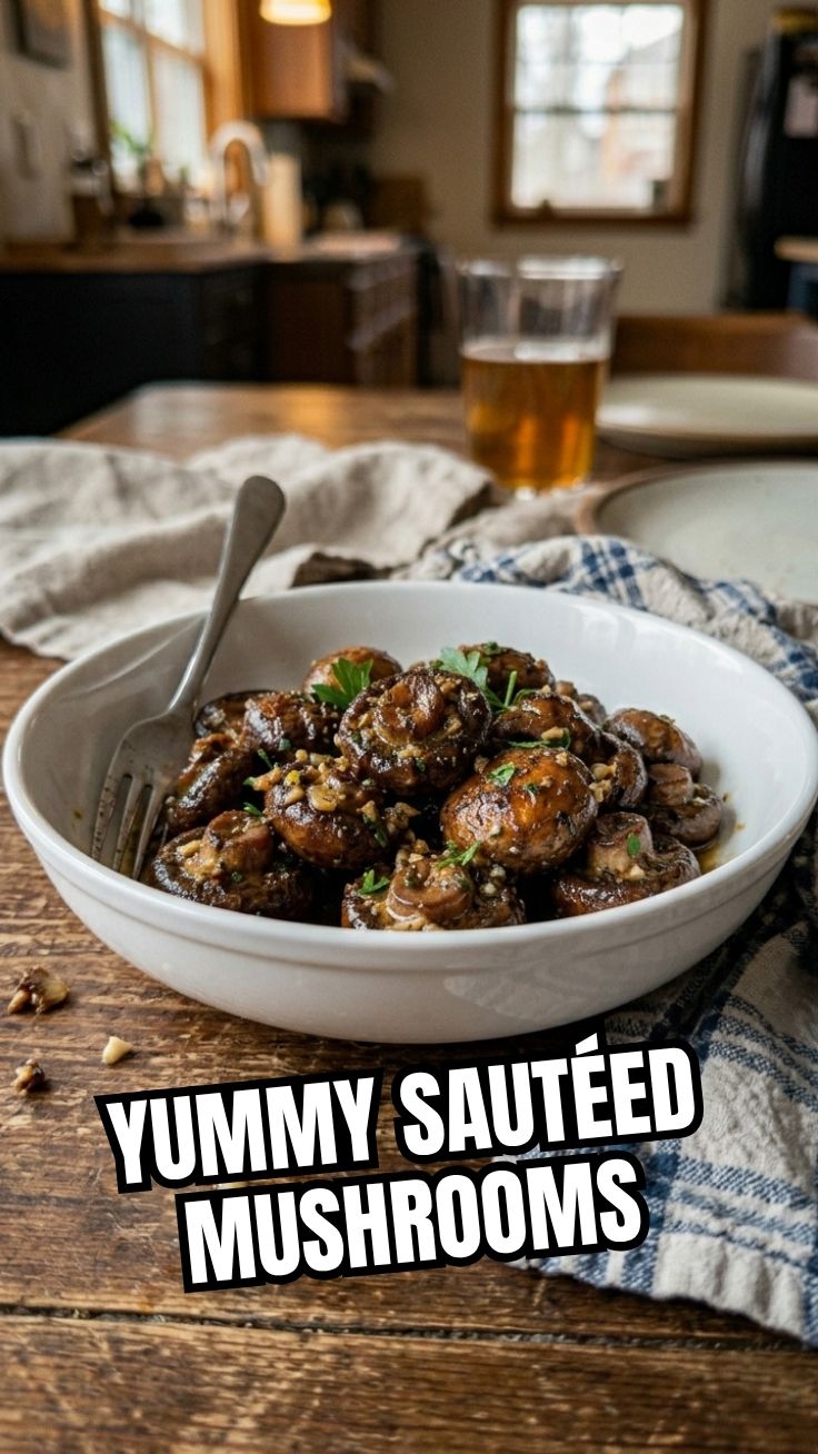 Sautéed mushrooms glistening in garlic butter sauce