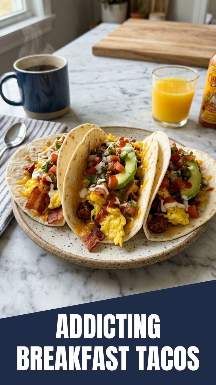 Close-up photo of delicious breakfast tacos with eggs, cheese, and salsa