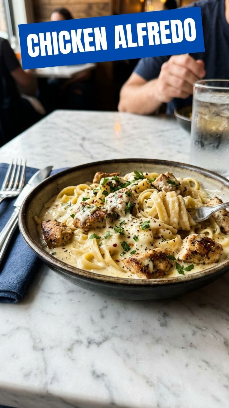 A serving of savory chicken alfredo with tender chicken and fettuccine pasta