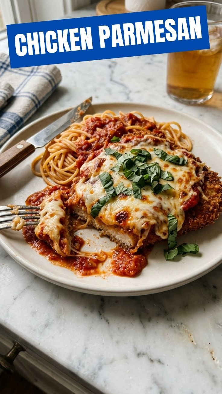 A plate showcasing a savory chicken parmesan dish with melted cheese and marinara sauce.