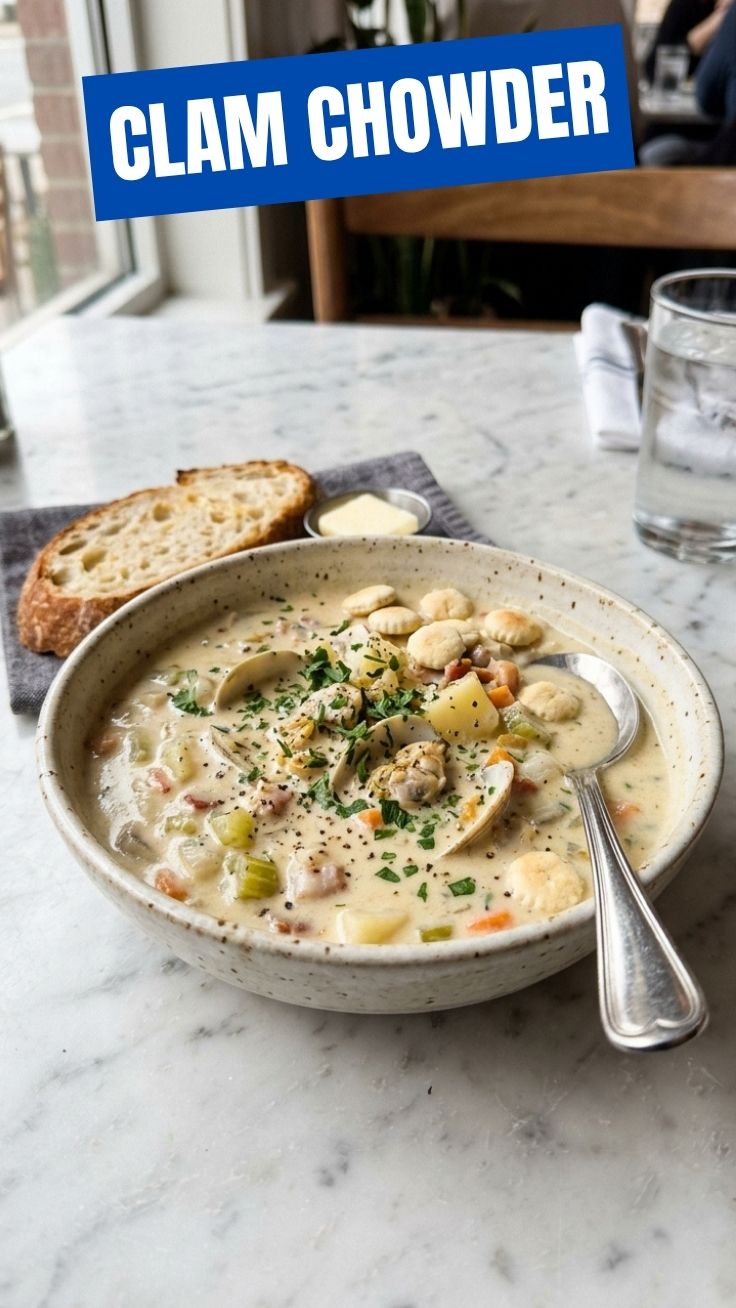 A steaming bowl of savory clam chowder garnished with fresh herbs.