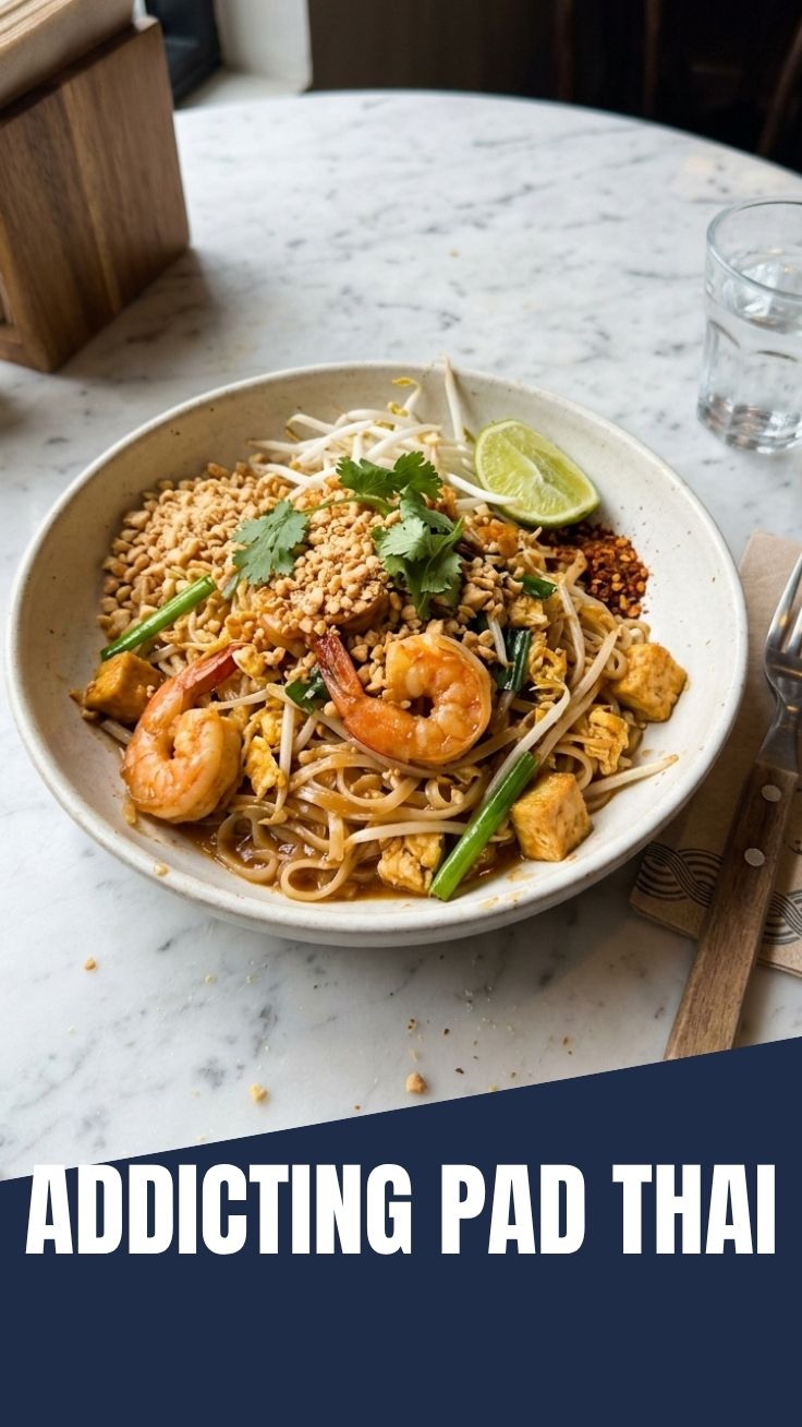 A vibrant plate of Pad Thai with a lime wedge and crushed peanuts.