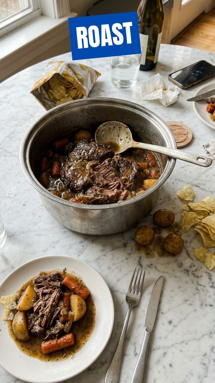 Savory pot roast with vegetables in a cast iron pot