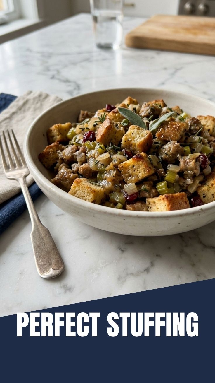 A golden-brown baked stuffing in a casserole dish, fresh out of the oven.