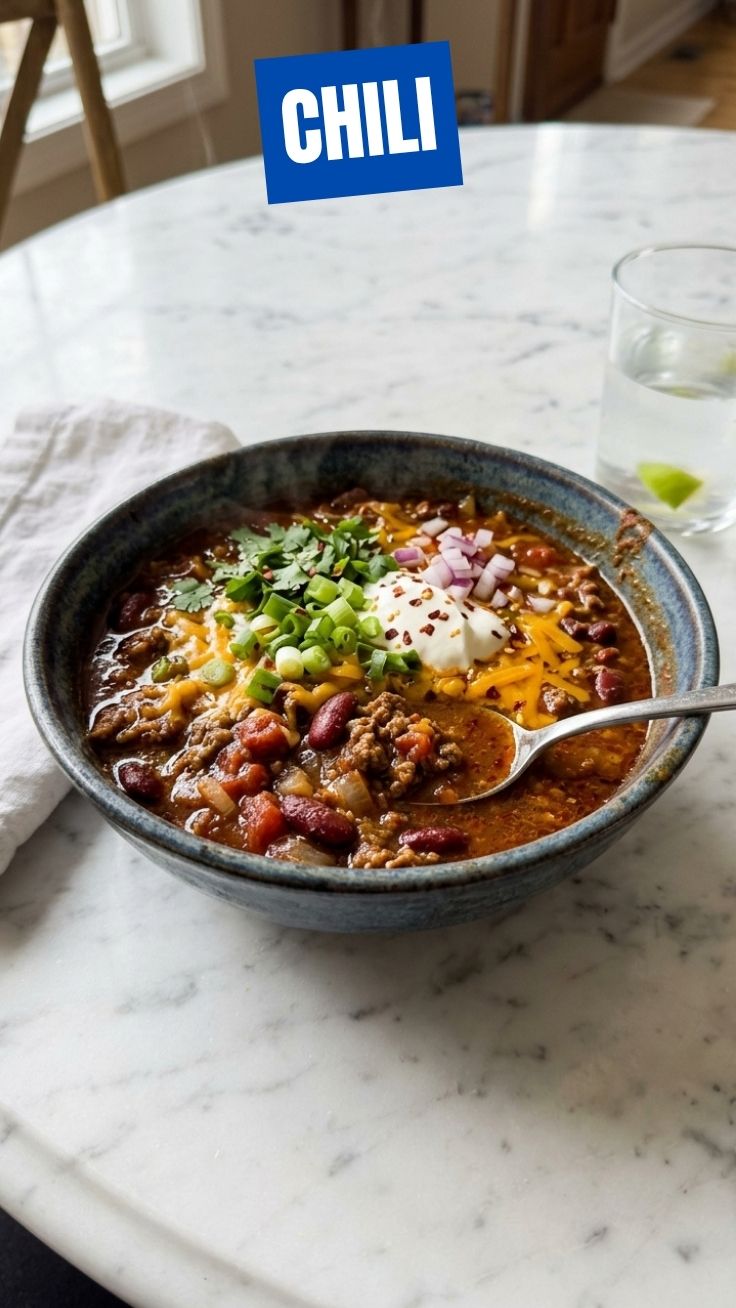 A bowl of spicy chili with beans and meat, topped with fresh cilantro.
