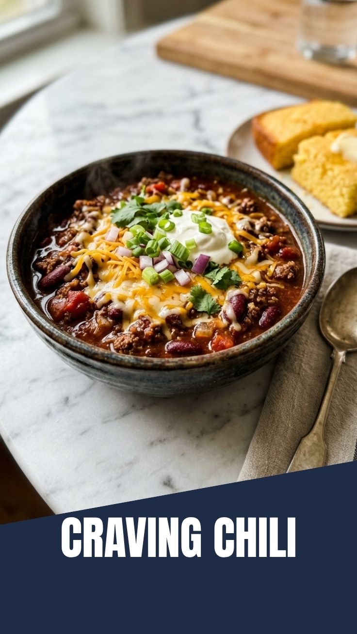 A steaming bowl of classic chili, garnished and ready to eat