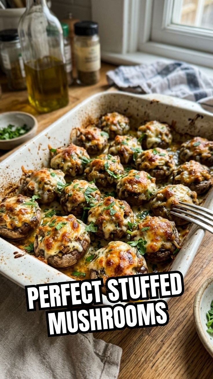 A platter of golden baked stuffed mushrooms garnished with fresh herbs