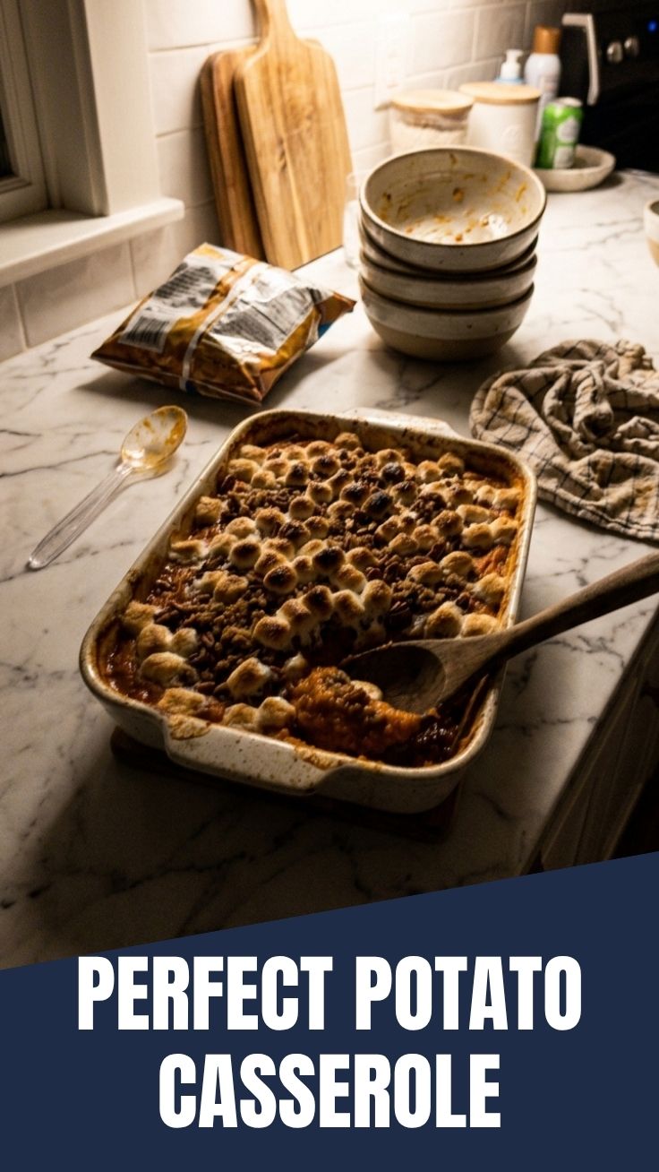 A cozy sweet potato casserole with a golden-brown toasted marshmallow topping.