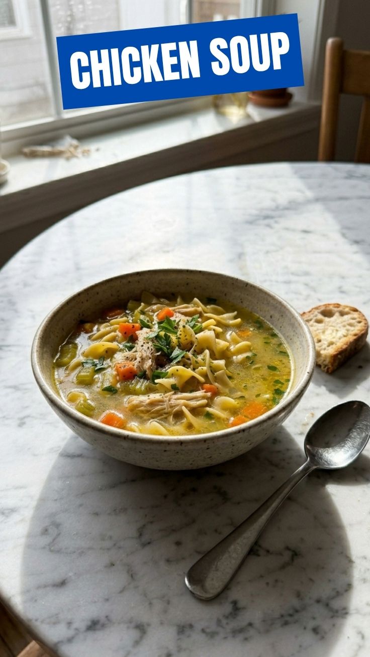 Warm chicken soup steaming in a bowl