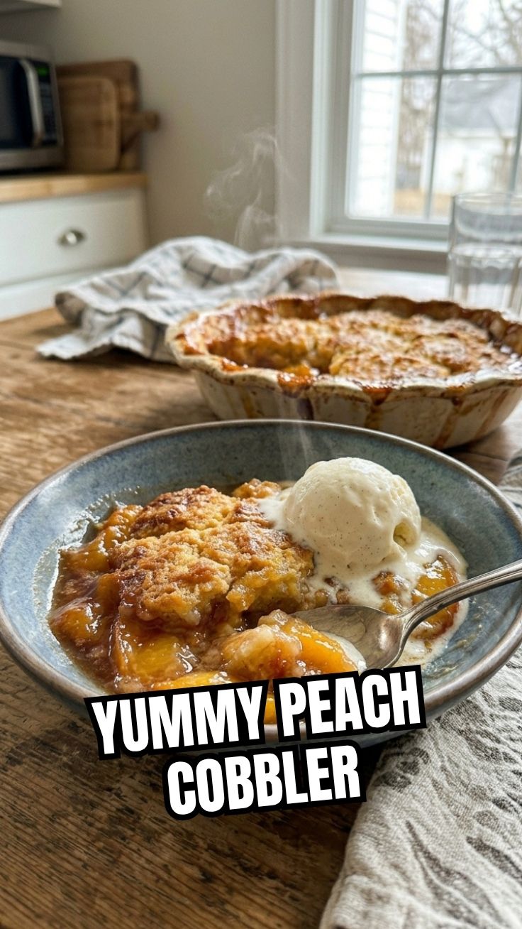 A hot, bubbly peach cobbler in a baking dish, fresh from the oven, with a golden crust.