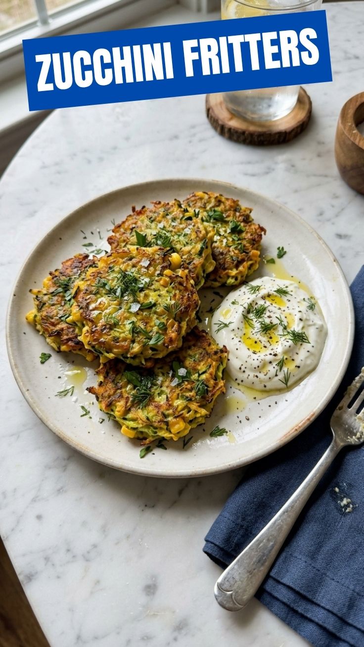 A stack of crispy, golden-brown zucchini fritters on a white plate, ready to be served.