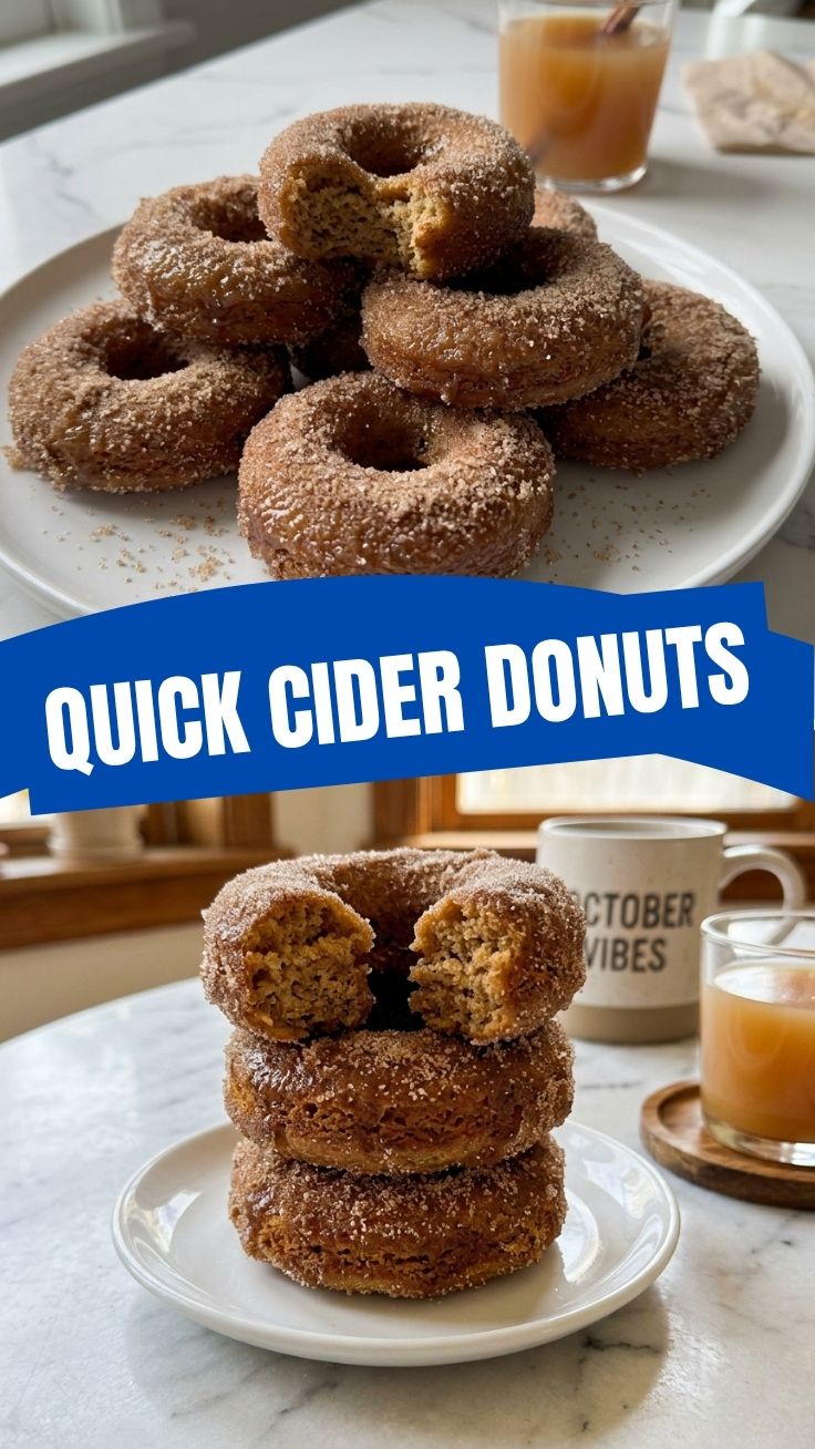 A platter of freshly made apple cider donuts, dusted with cinnamon sugar.