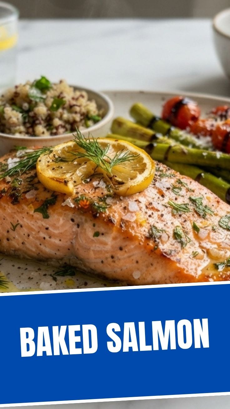 A perfectly baked salmon fillet with crispy skin