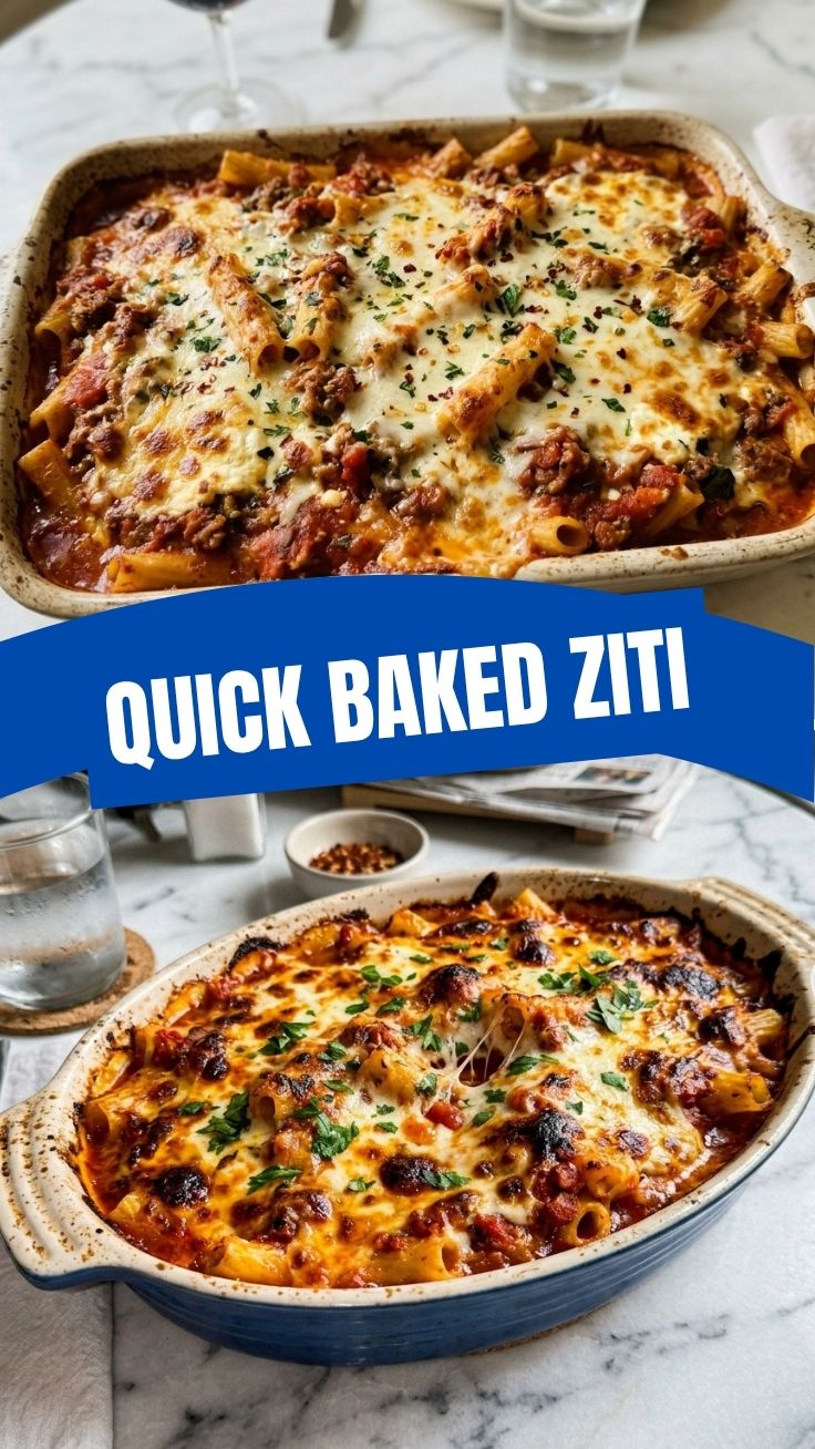 A delicious tray of baked ziti with melted cheese and rich tomato sauce.
