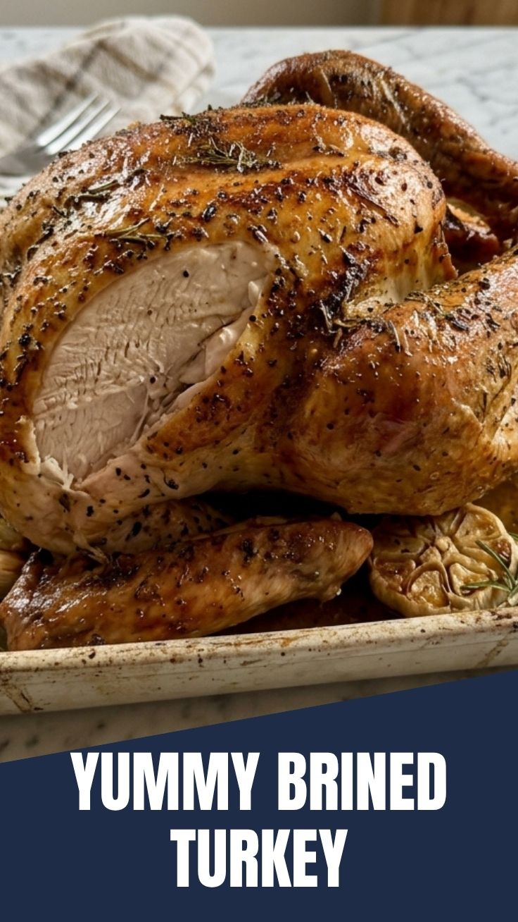 A perfectly cooked whole brined turkey, golden brown and ready to serve.