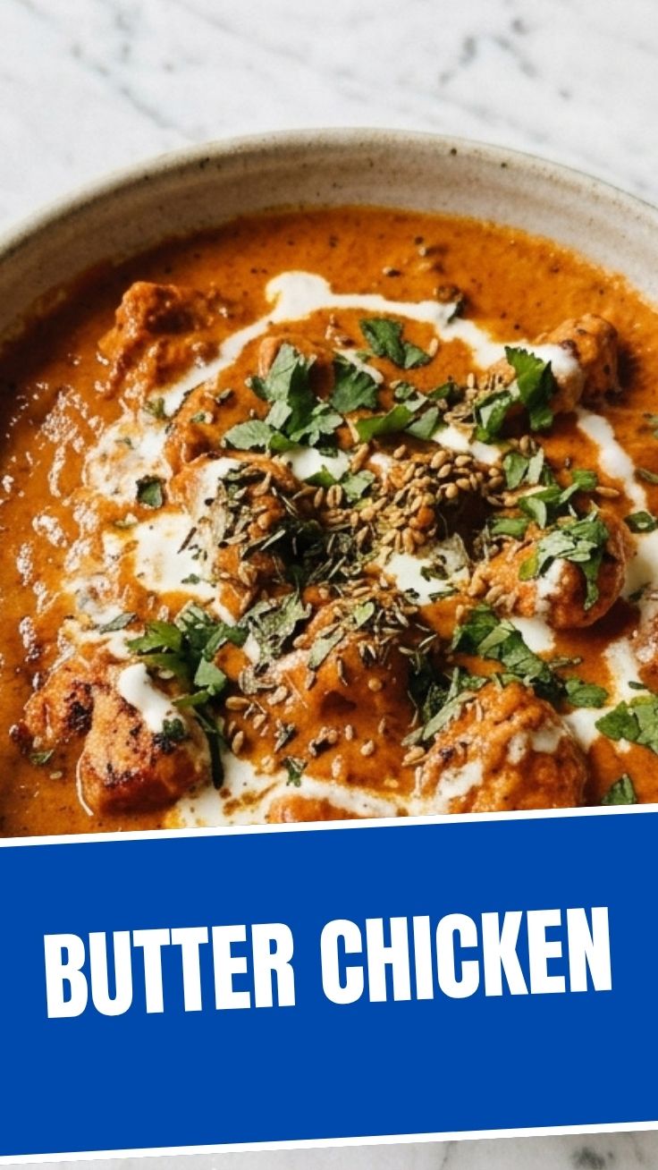 A bowl of rich and creamy butter chicken, garnished with fresh cilantro.