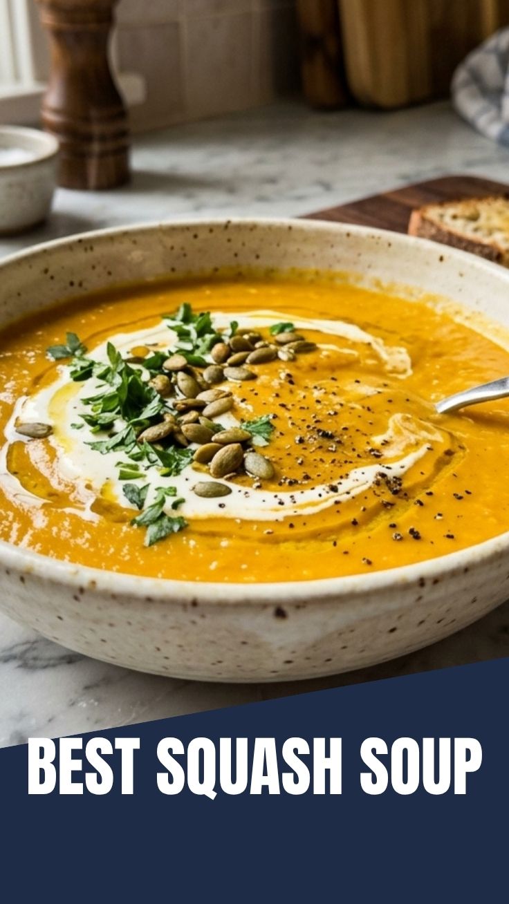 A bowl of rich butternut squash soup, garnished with herbs.