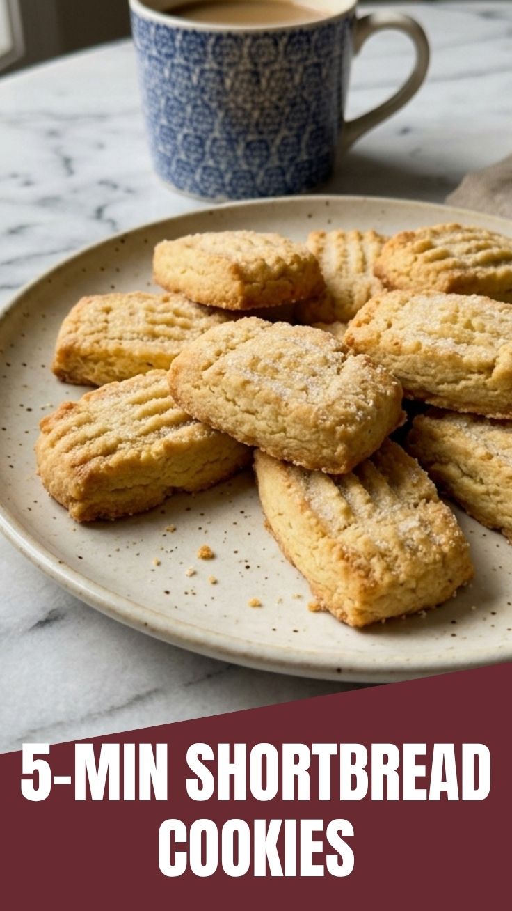 A stack of golden brown shortbread cookies on a cooling rack.