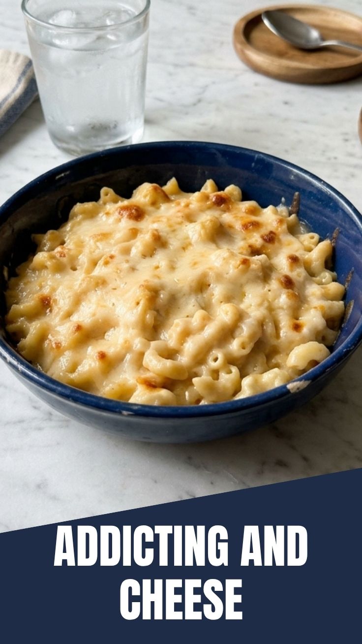 A close-up of golden, baked mac and cheese with a crispy topping