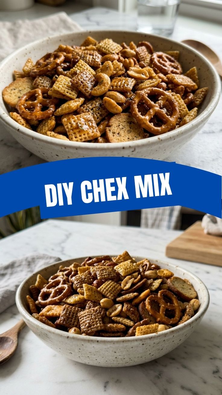 A bowl of homemade Chex Mix with various cereals, nuts, and pretzels.