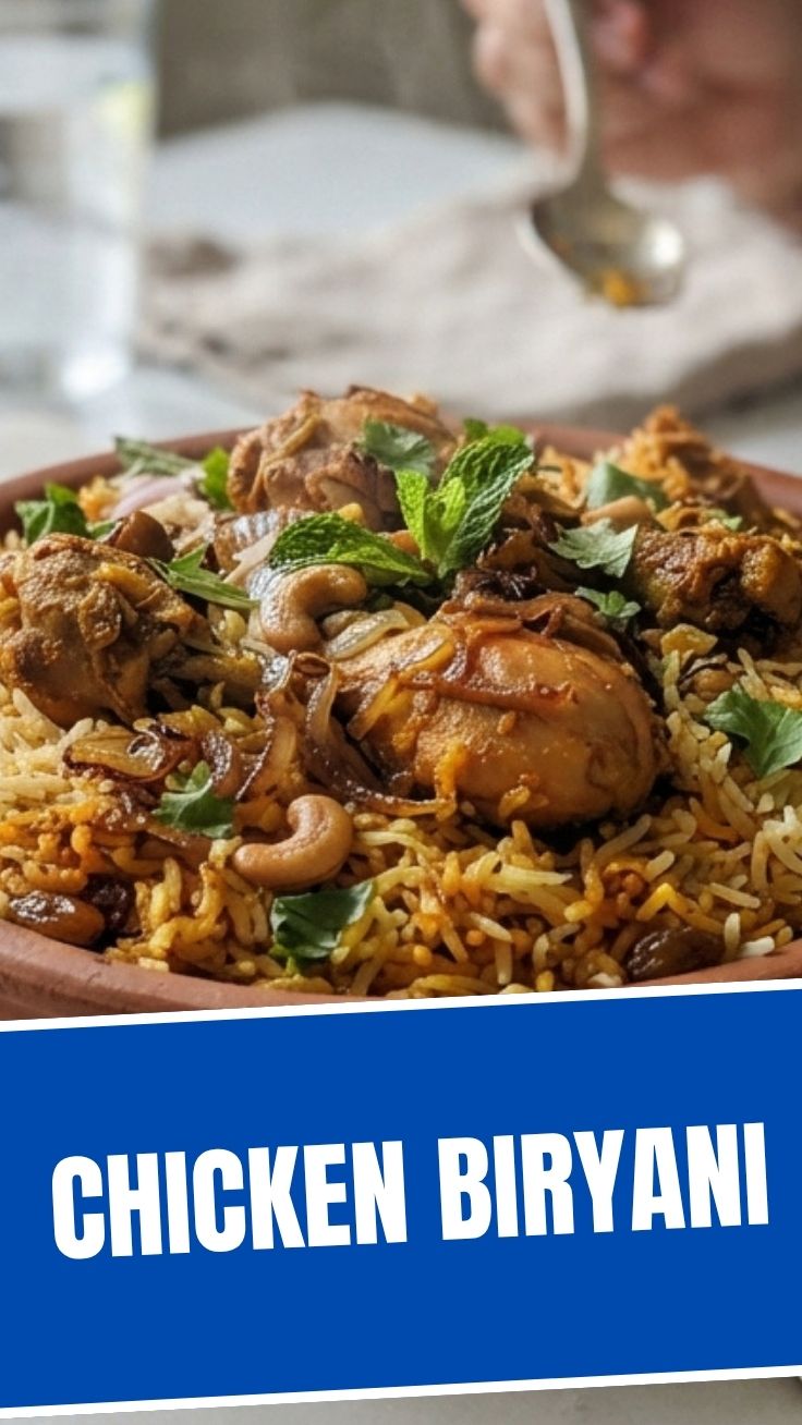 A plate featuring a generous serving of Chicken Biryani, garnished with fresh cilantro
