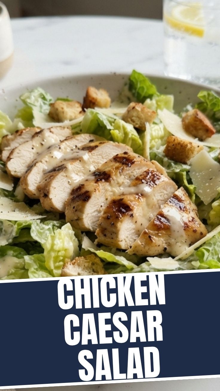 A vibrant chicken Caesar salad with crisp lettuce and croutons.