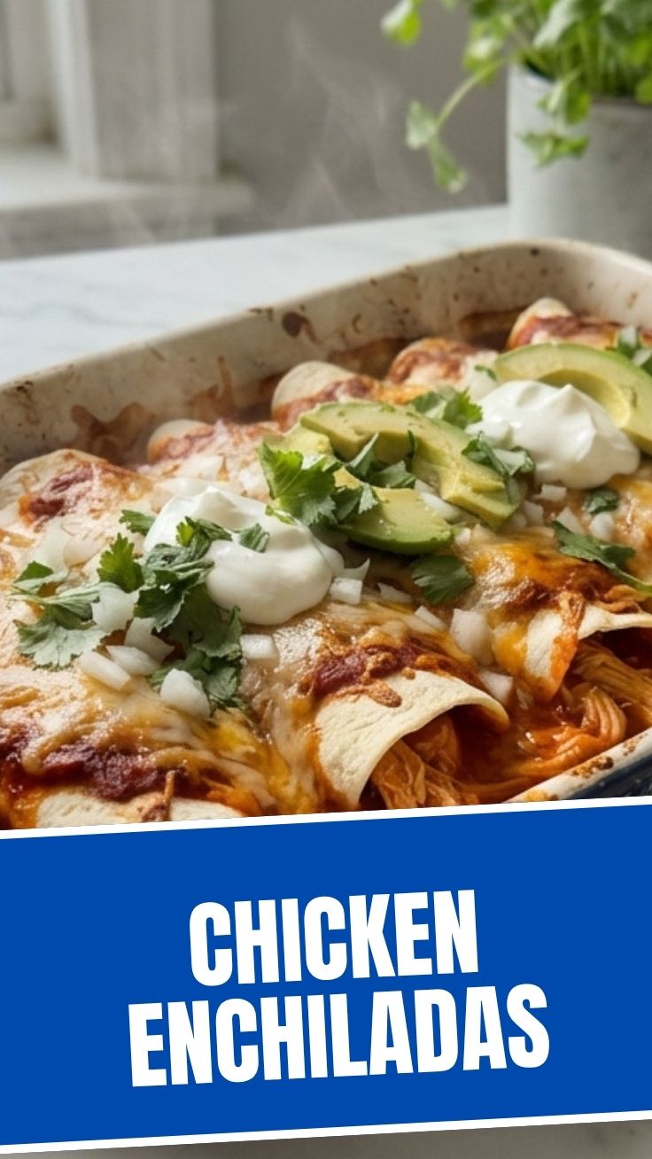 A baking dish filled with cheesy chicken enchiladas, fresh from the oven.
