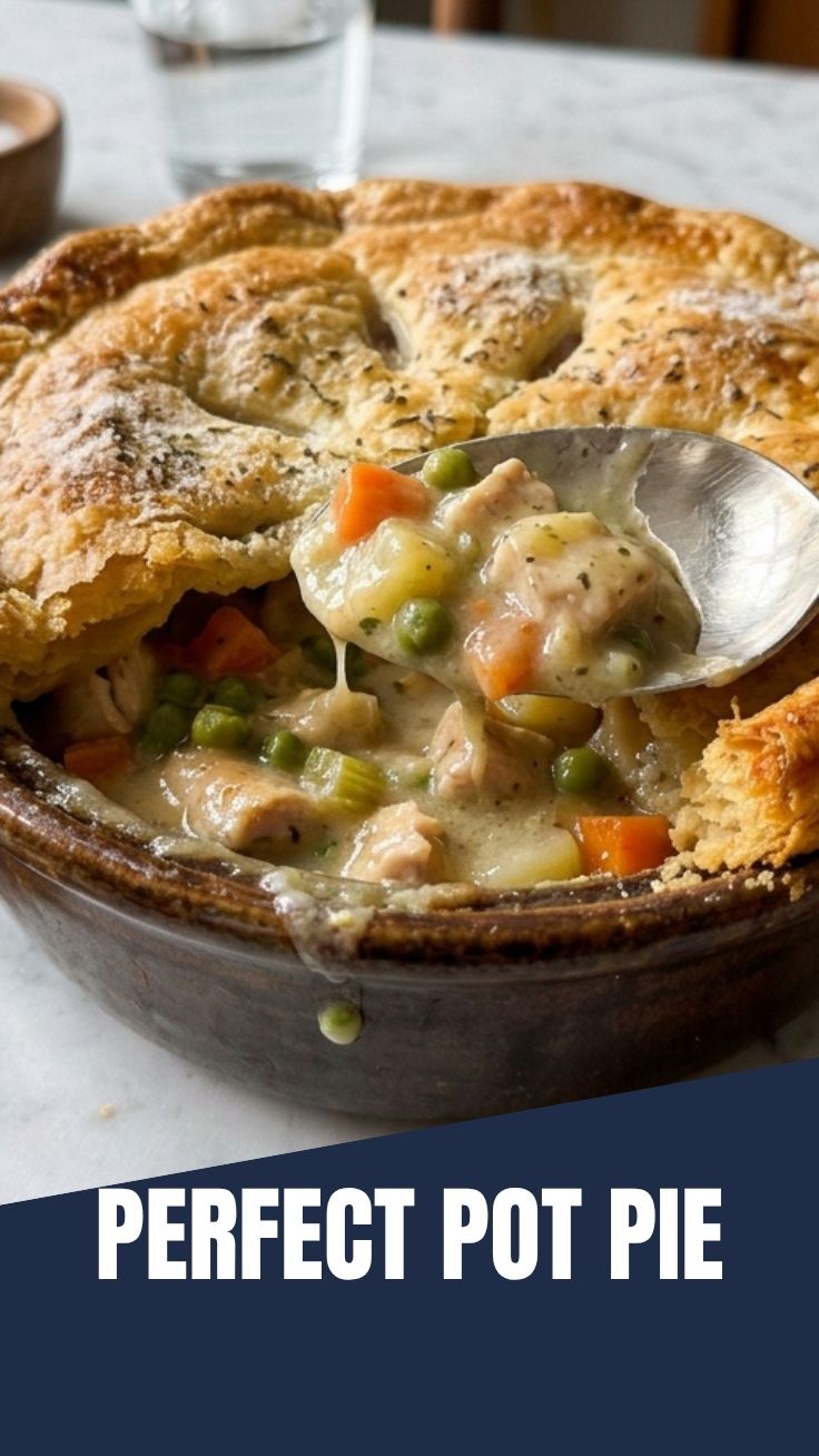 A golden-crusted chicken pot pie fresh from the oven, showcasing its flaky pastry.