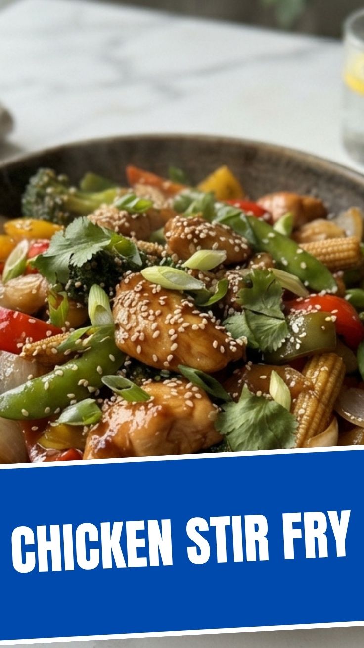 A vibrant chicken stir fry with colorful vegetables in a pan.