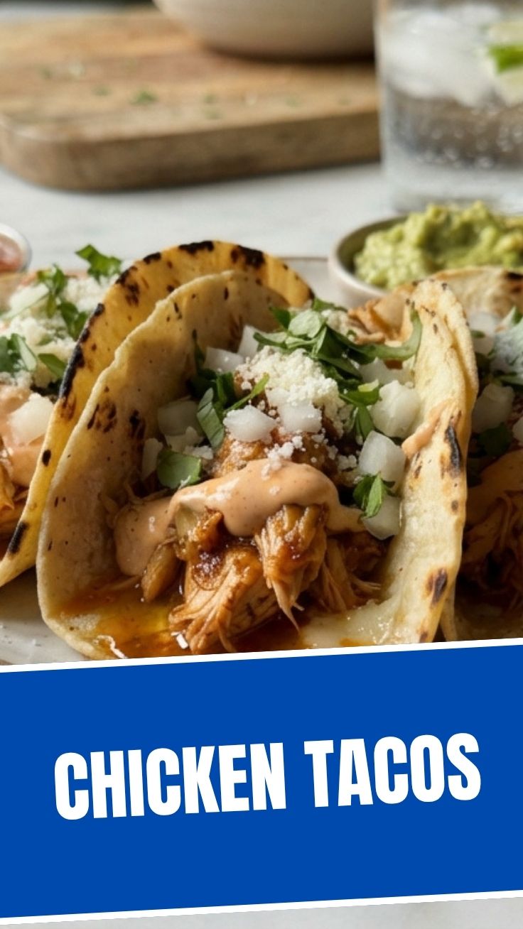 Three chicken tacos with various toppings arranged on a plate.
