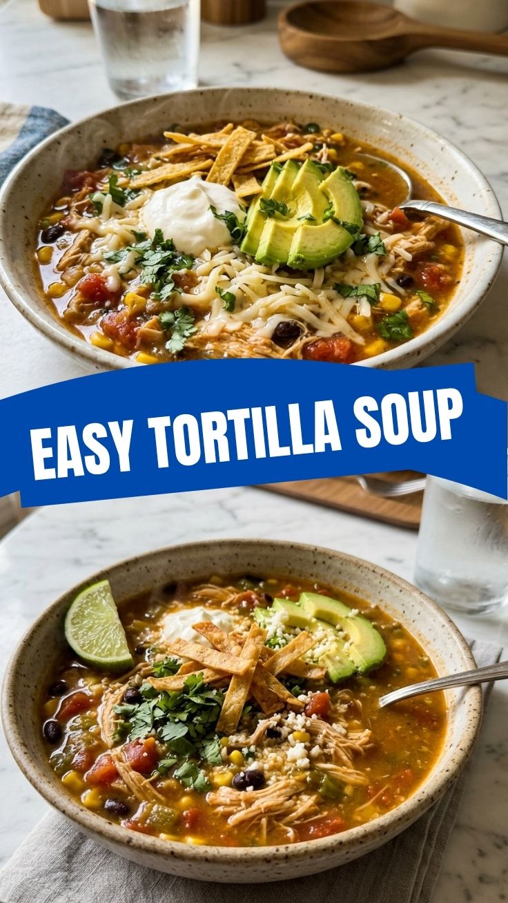 A steaming bowl of chicken tortilla soup garnished with avocado and cilantro.
