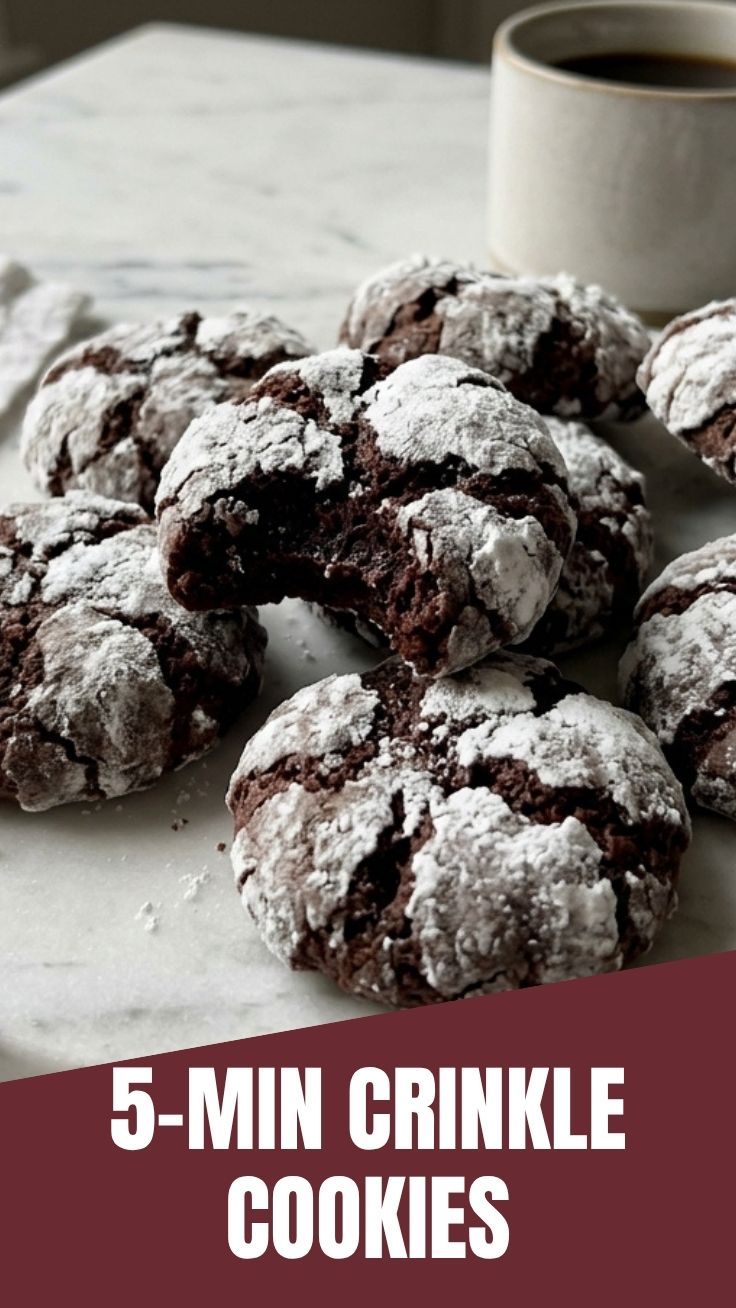 A plate of freshly baked chocolate crinkle cookies dusted with powdered sugar.